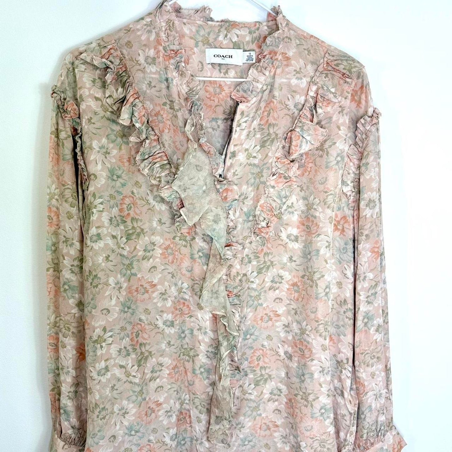 COACH Vintage  neutral pink and white floral silky shirt with ruffle and zip details