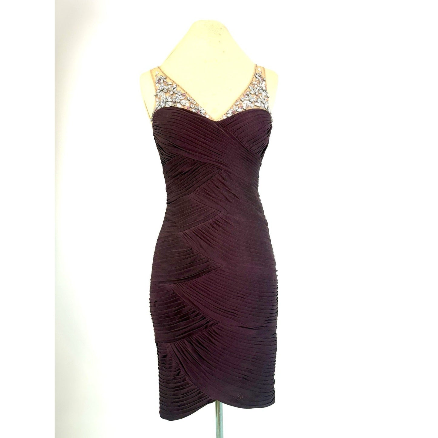 Vintage Adrianna Papell Dress Sz 4 Burgundy Jeweled Illusion Bodice Evening