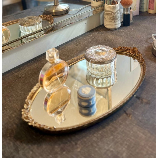 Vintage Silver plate crystal round jewelry dish, Silver-Glass Lidded Vanity Mirrored Dish, Powder Jar, Vintage Decor