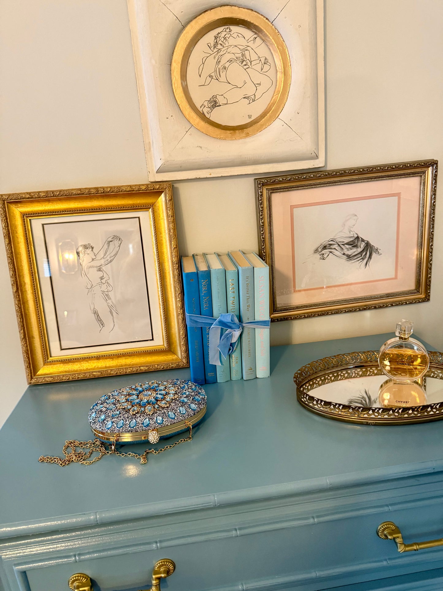 Vintage light blue beaded and rhinestoned evening bag