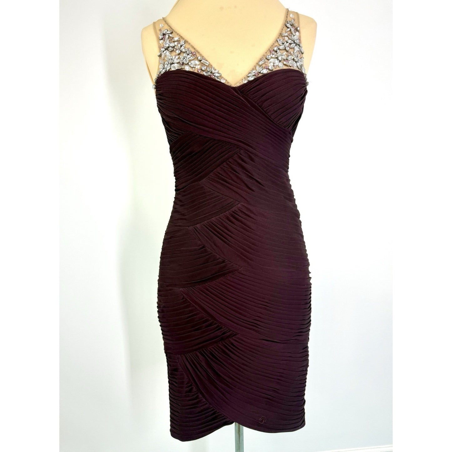 Vintage Adrianna Papell Dress Sz 4 Burgundy Jeweled Illusion Bodice Evening