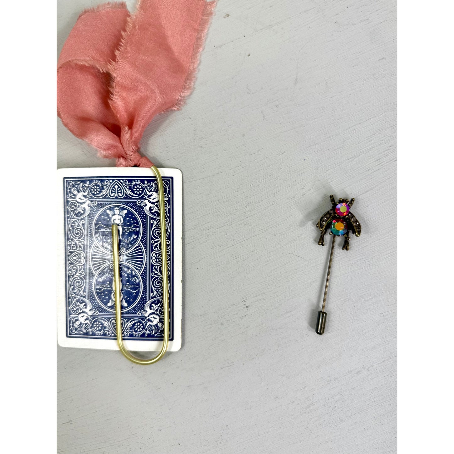 Vintage  Bumble Bee Pin and  ribbon playing Card Bookmark set