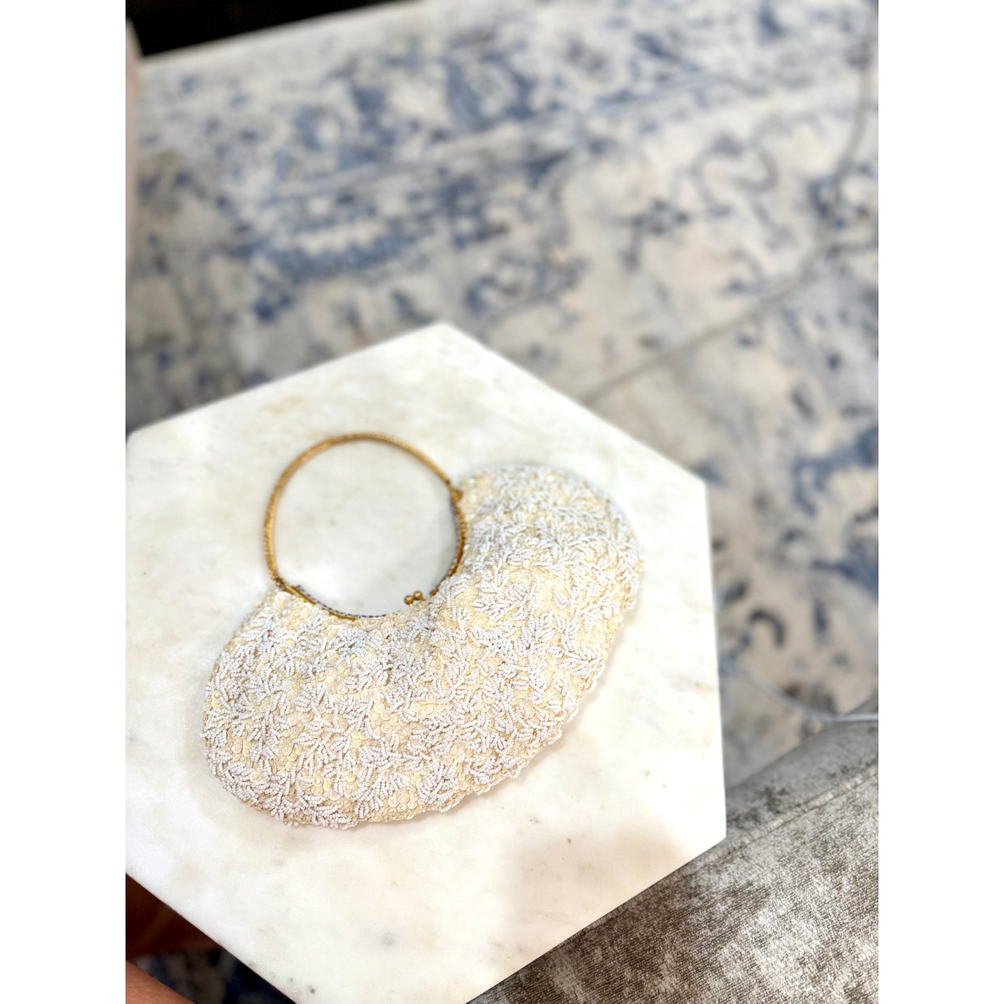 Vintage cream and white beaded and rhinestoned evening bag with gorgeous gold handle