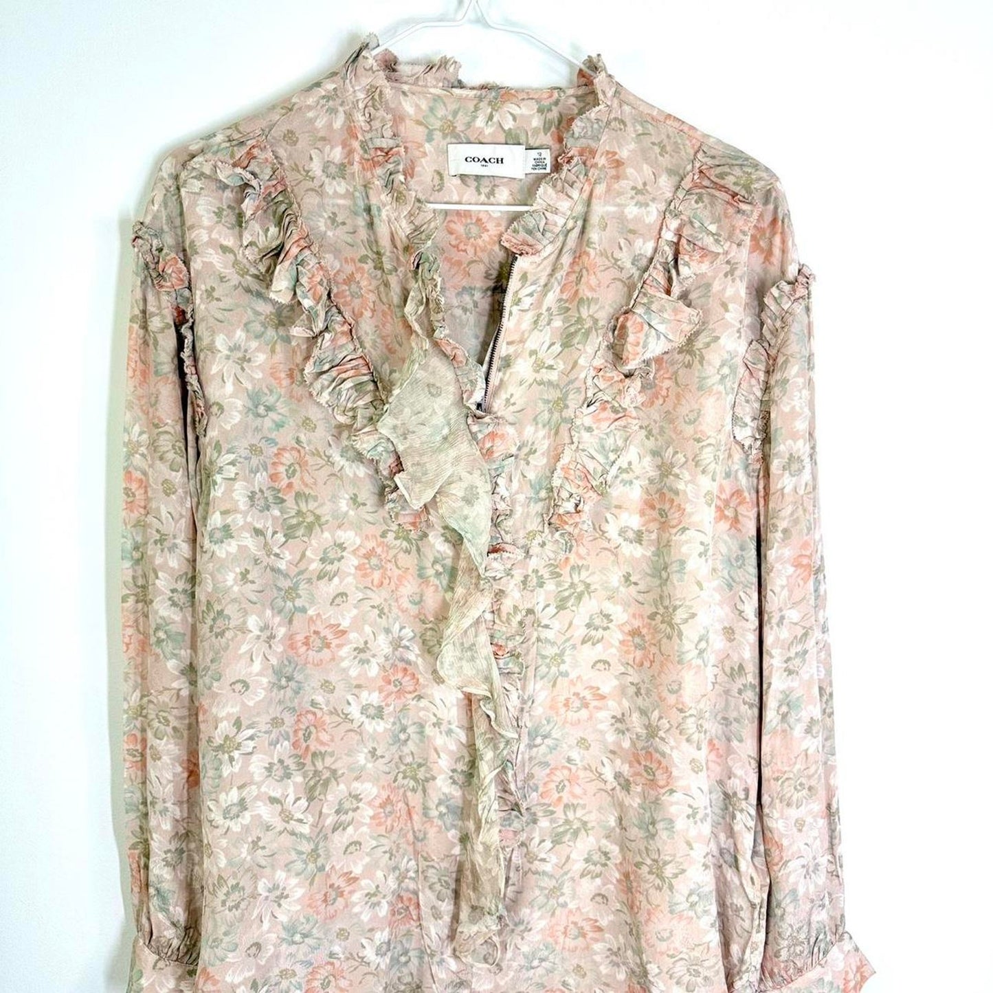 COACH Vintage  neutral pink and white floral silky shirt with ruffle and zip details