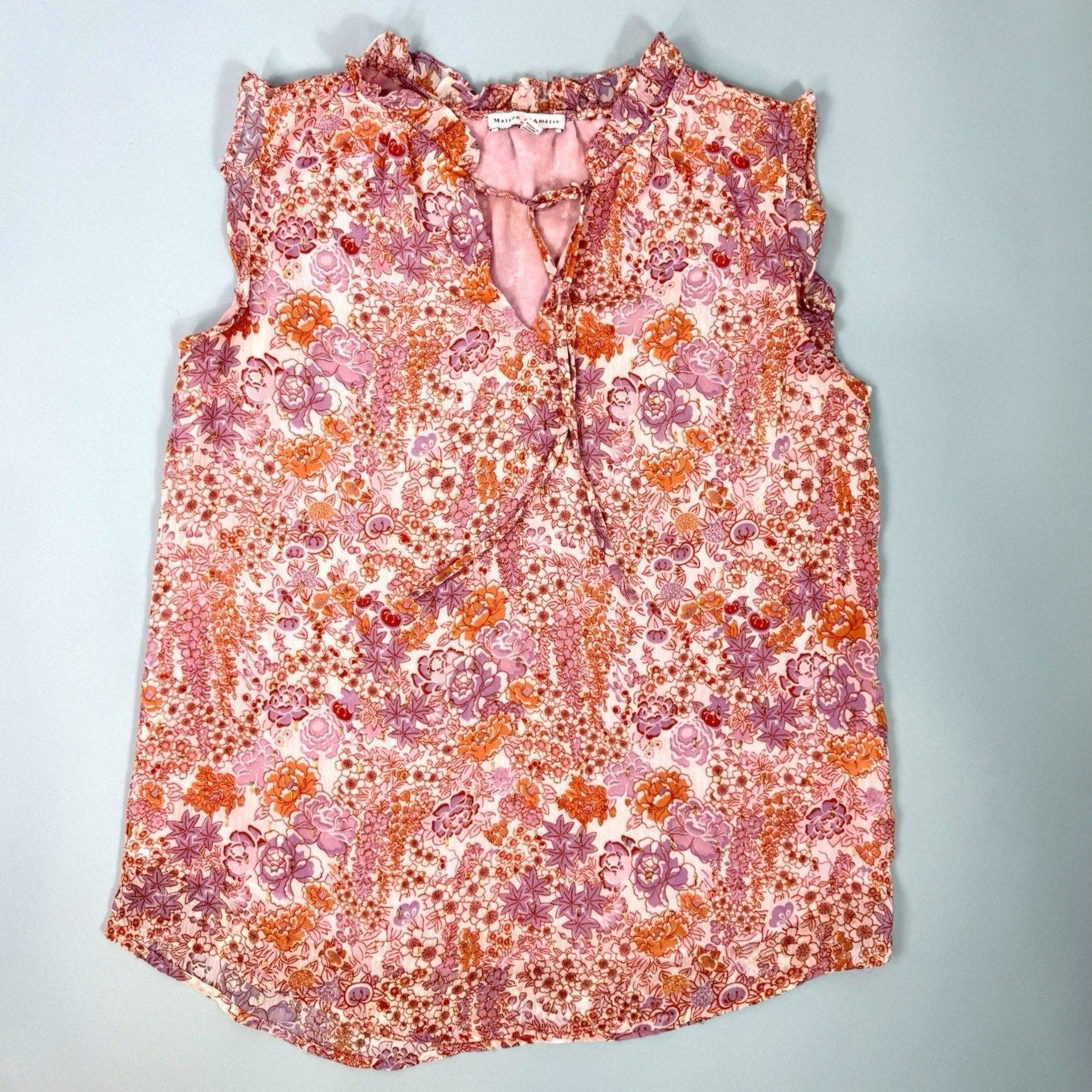 Maison d'Amelie NWT pink & gold Floral Print Blouse with Ruffled Shoulders, M