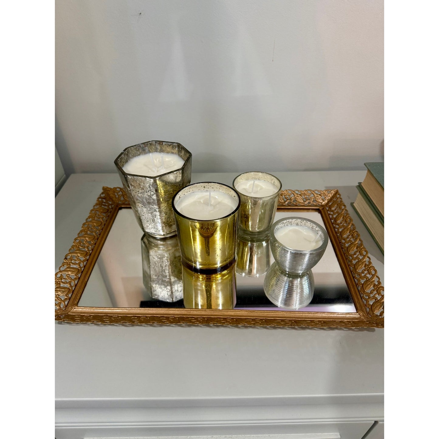 Candle collection on a vintage gold tray, lemon bergamot candle display