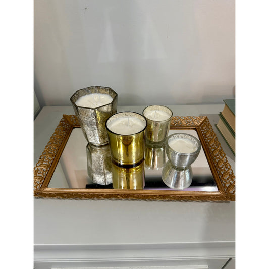 Candle collection on a vintage gold tray, lemon bergamot candle display