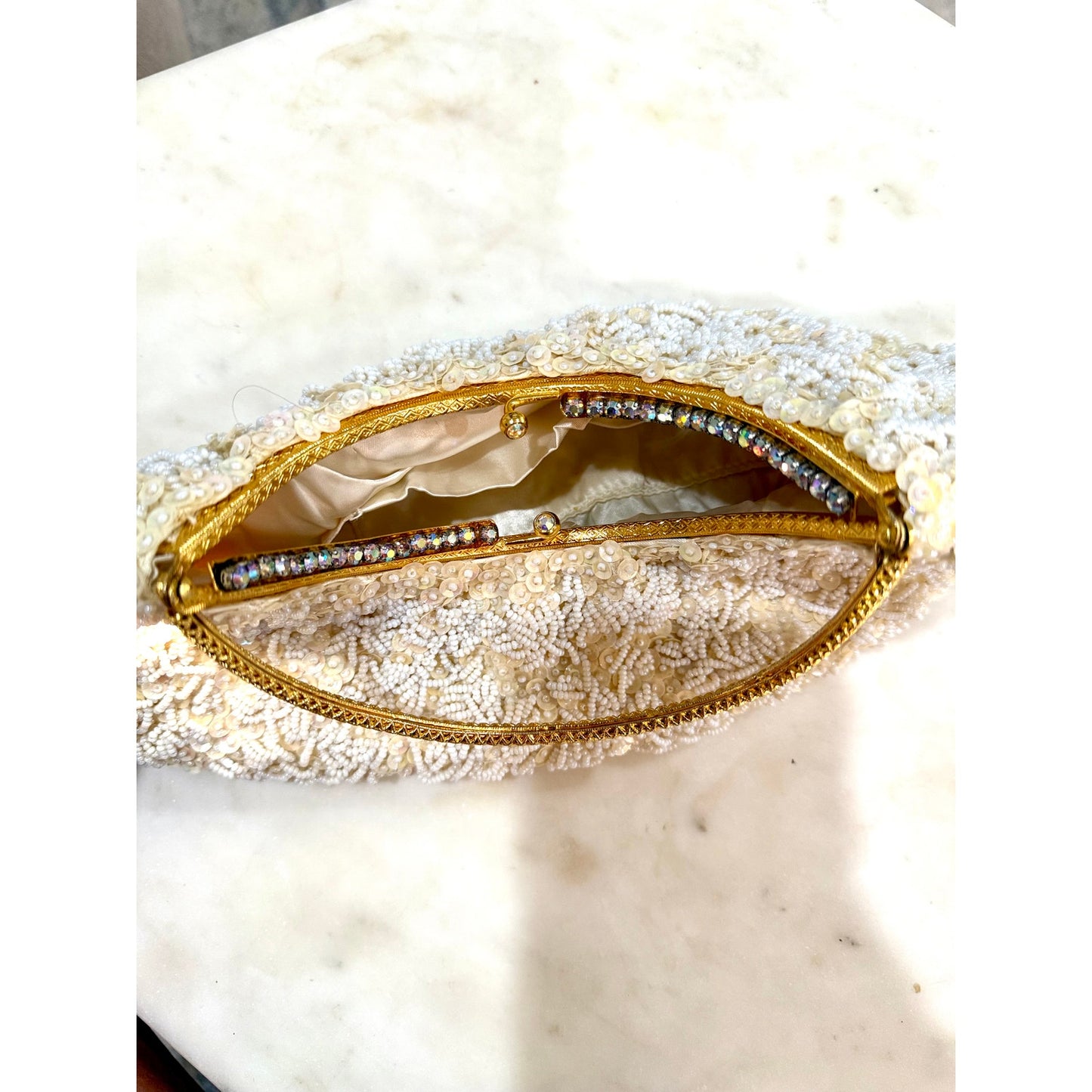 Vintage cream and white beaded and rhinestoned evening bag with gorgeous gold handle