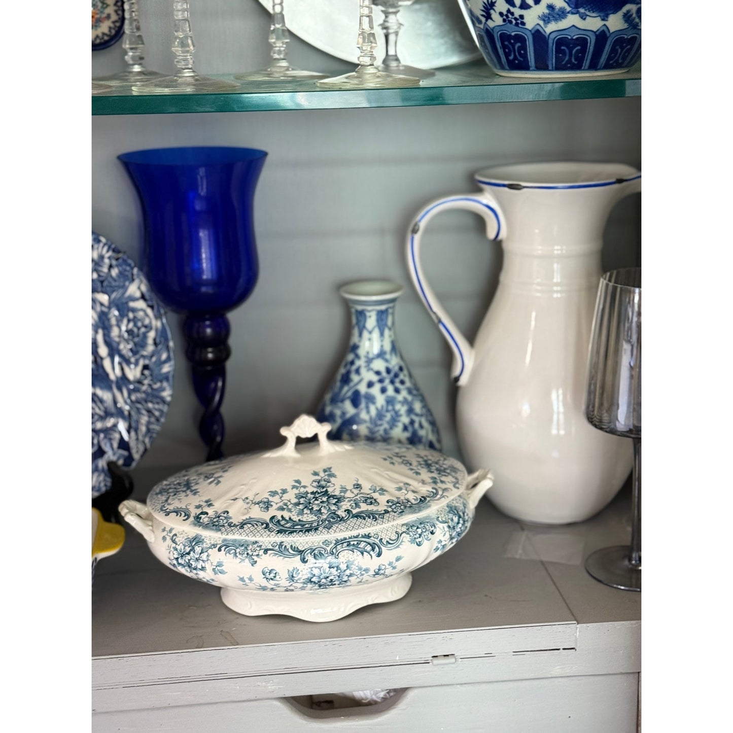 Antique  Blue Tureen W Hulme soup tureen with Lid, from Maine England, semi Porcelain