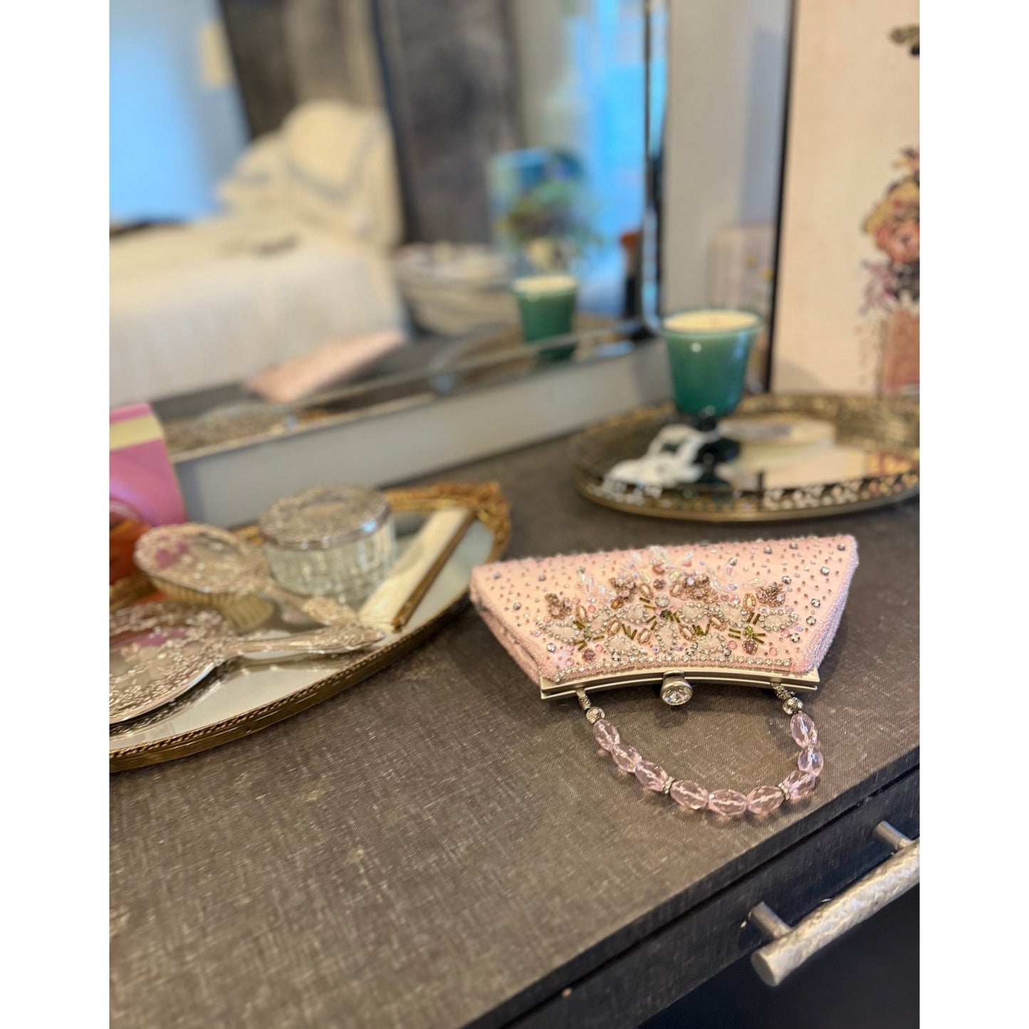 Vintage pink satin beaded and rhinestoned evening bag