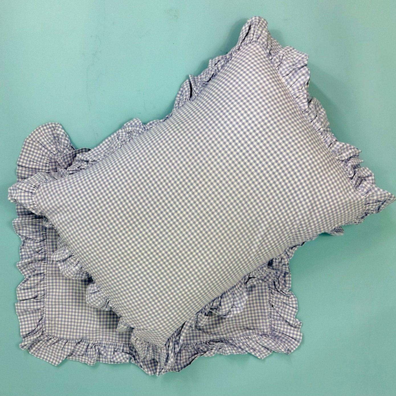 pair of Cornflower blue ruffled standard pillowcases/ shams