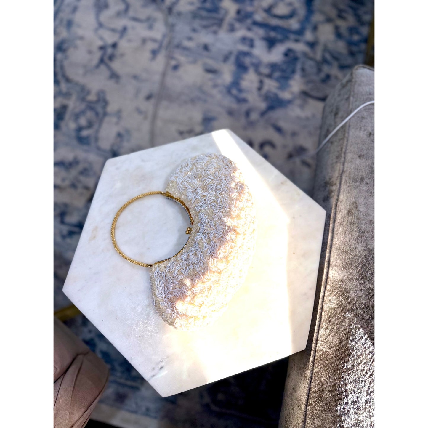 Vintage cream and white beaded and rhinestoned evening bag with gorgeous gold handle