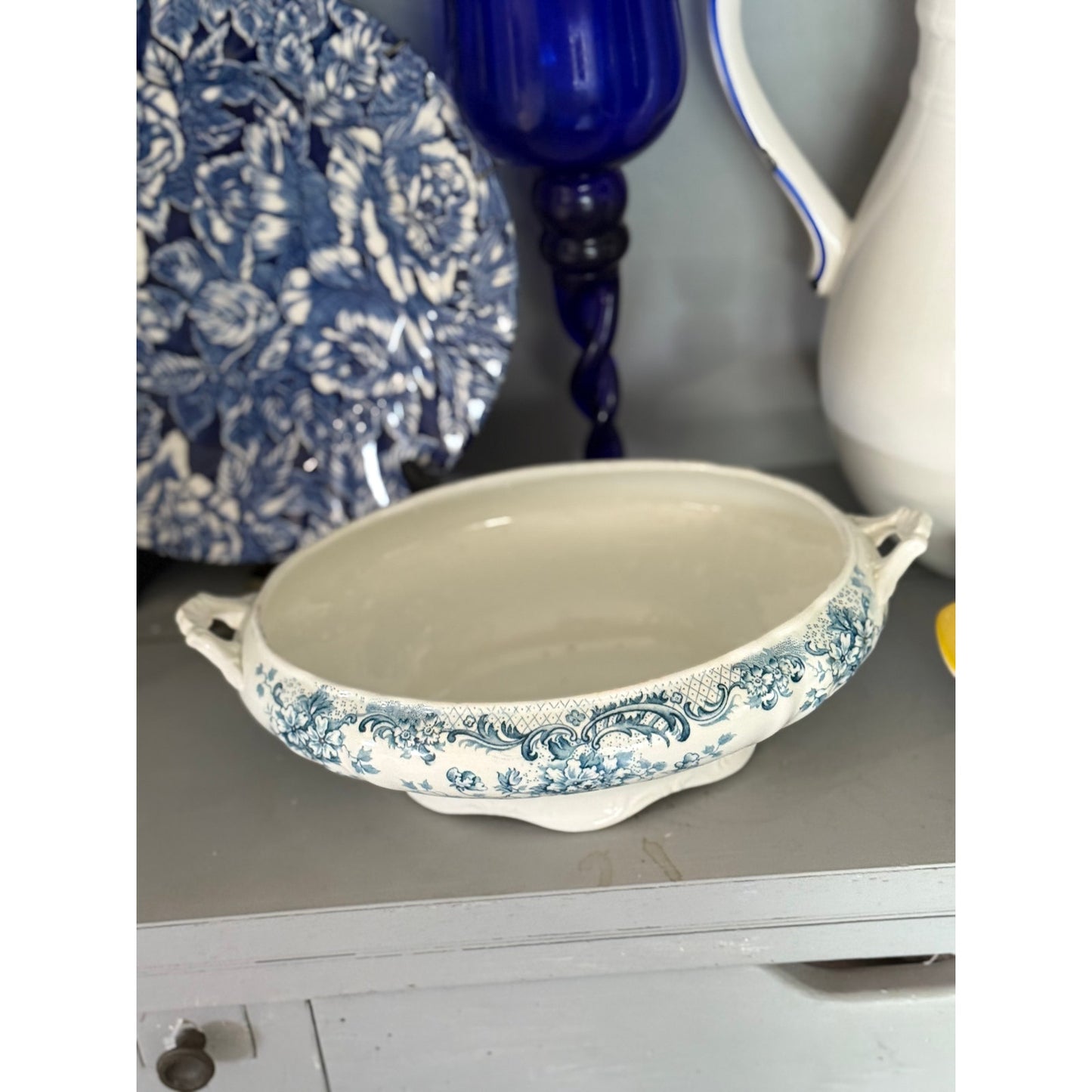 Antique  Blue Tureen W Hulme soup tureen with Lid, from Maine England, semi Porcelain