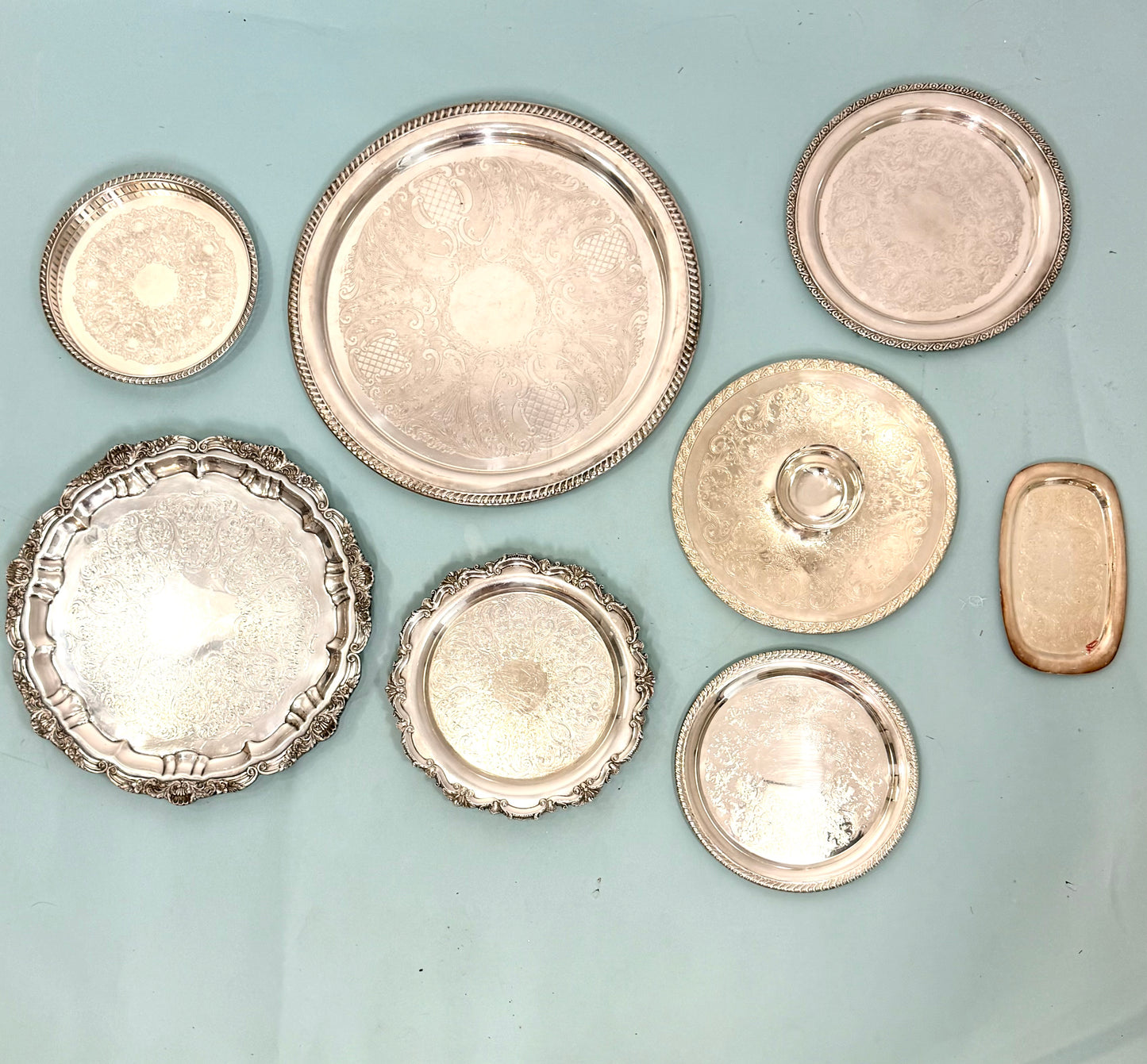 set or individual silverplate trays , polished updated listing coming soon