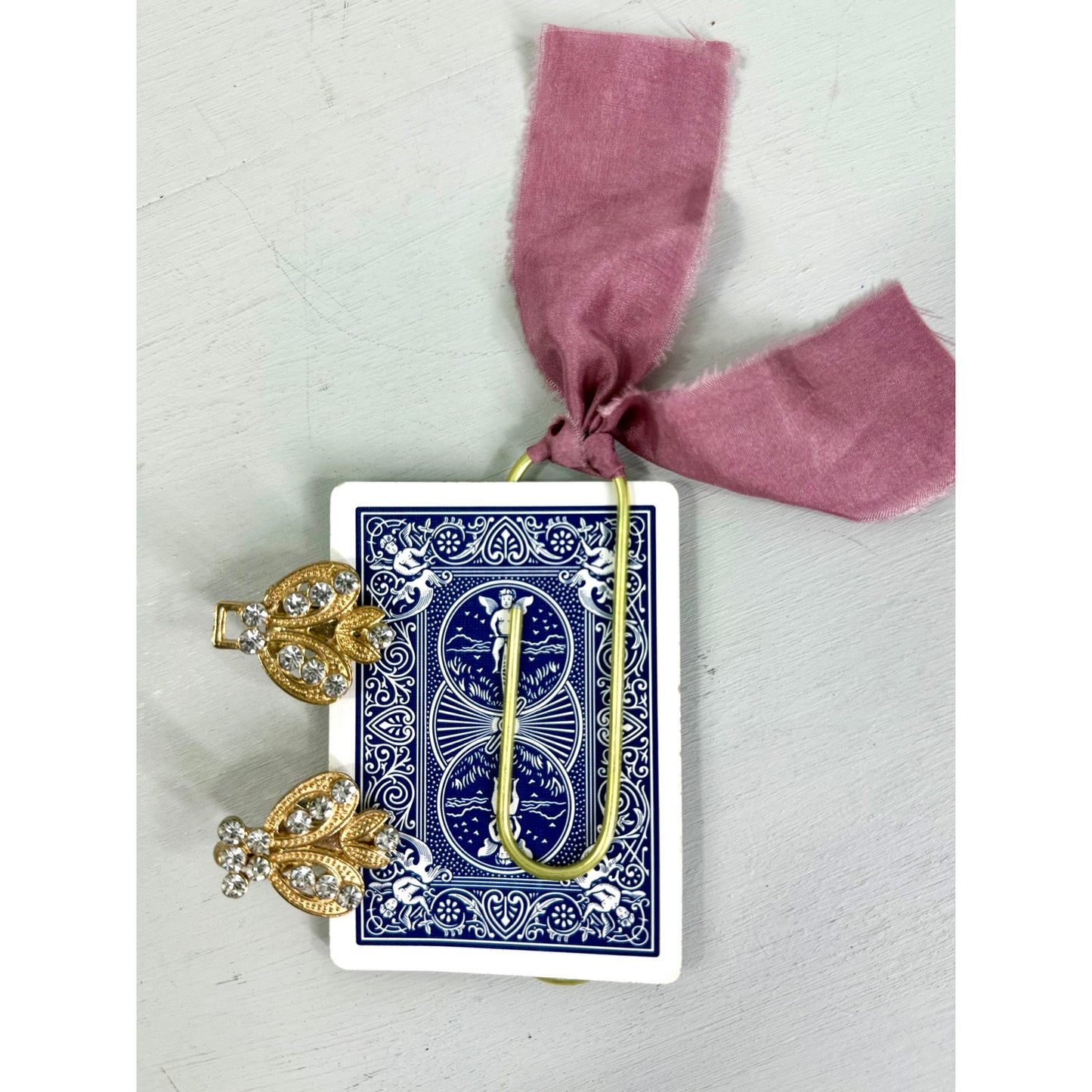 Vintage  Bumble Bee Clips and  ribbon playing Card Bookmark set