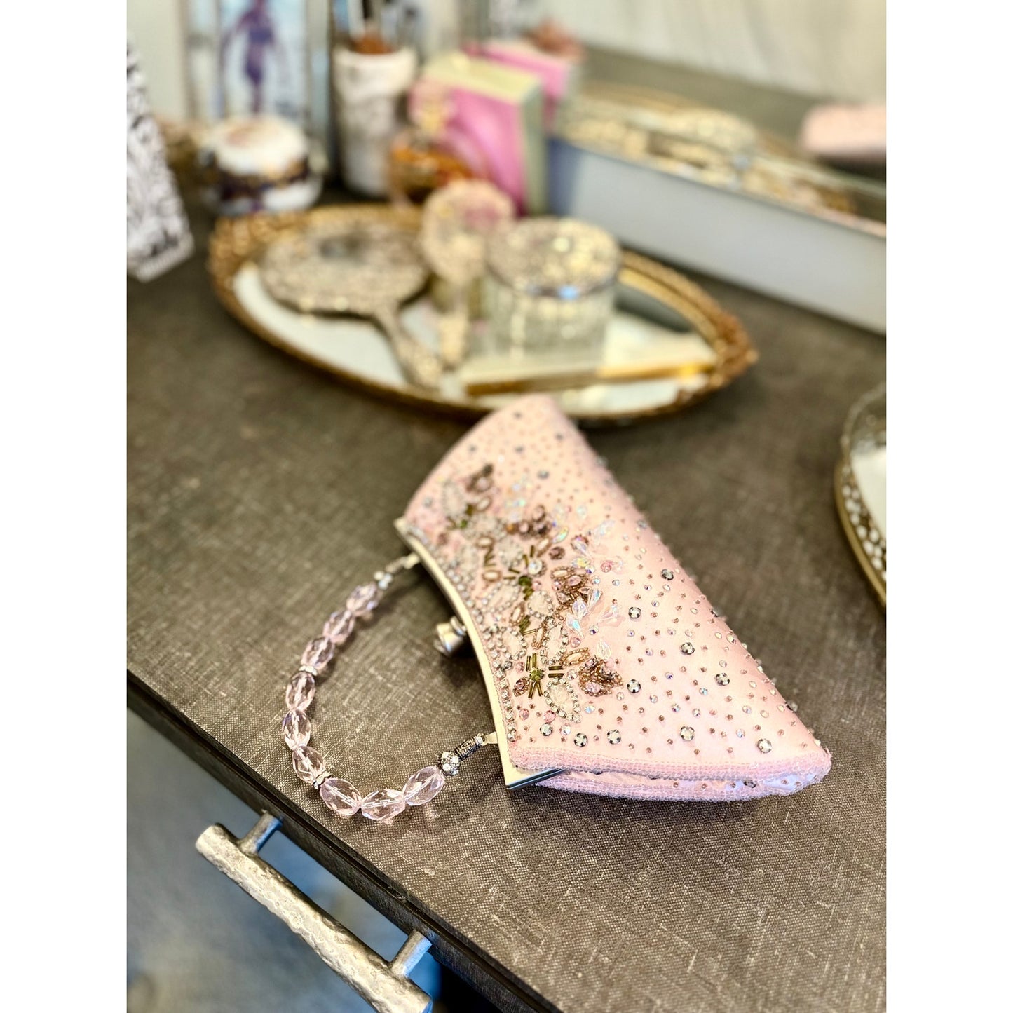 Vintage pink satin beaded and rhinestoned evening bag