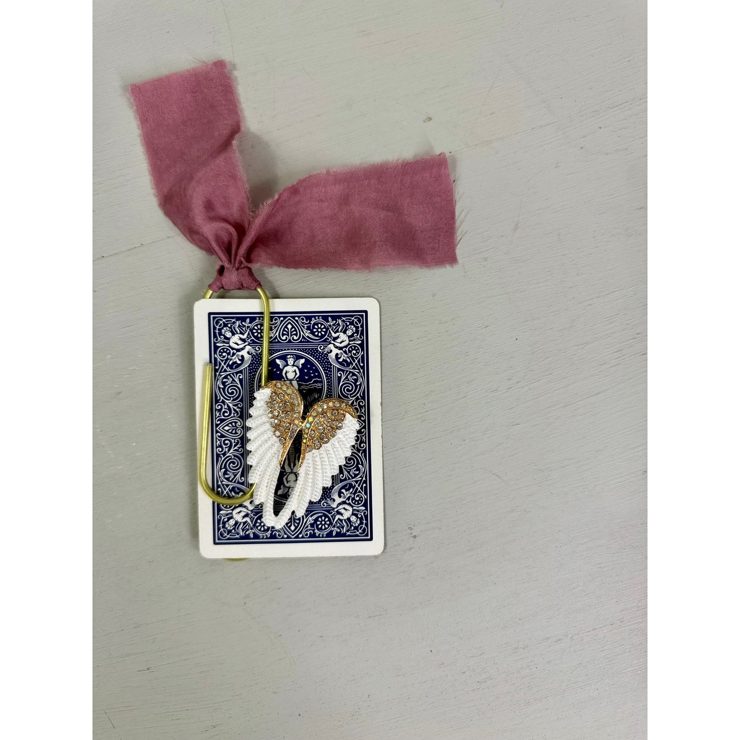 Vintage  Angel Wing Pin and  ribbon playing Card Bookmark set