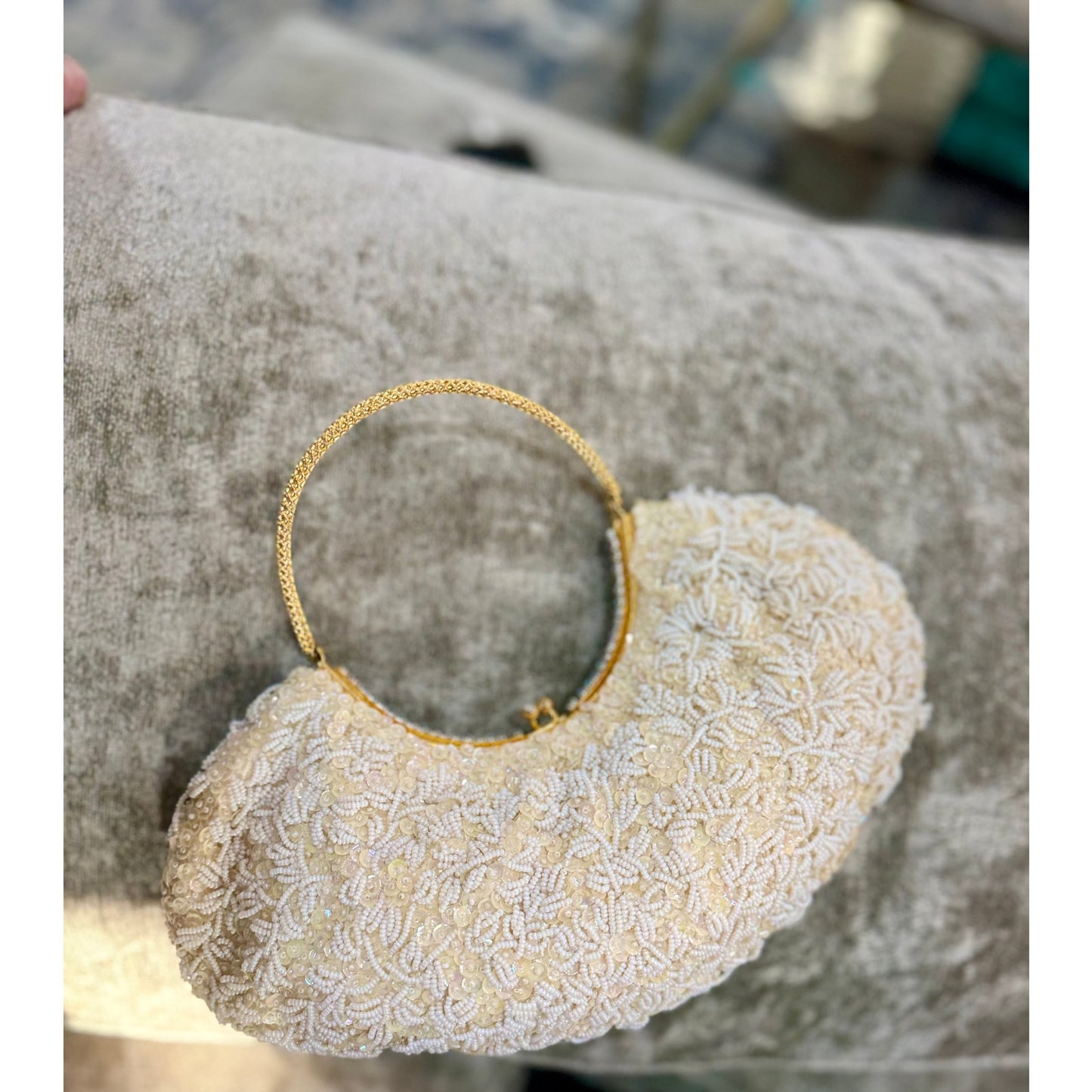 Vintage cream and white beaded and rhinestoned evening bag with gorgeous gold handle