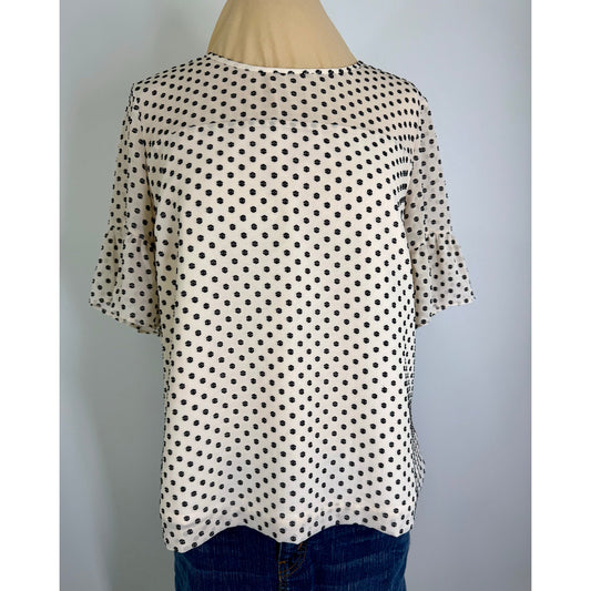 Vintage J crew off white and black dot pattern poly viscose women's woven short sleeve blouse with shirted sleeve detail ,  size M