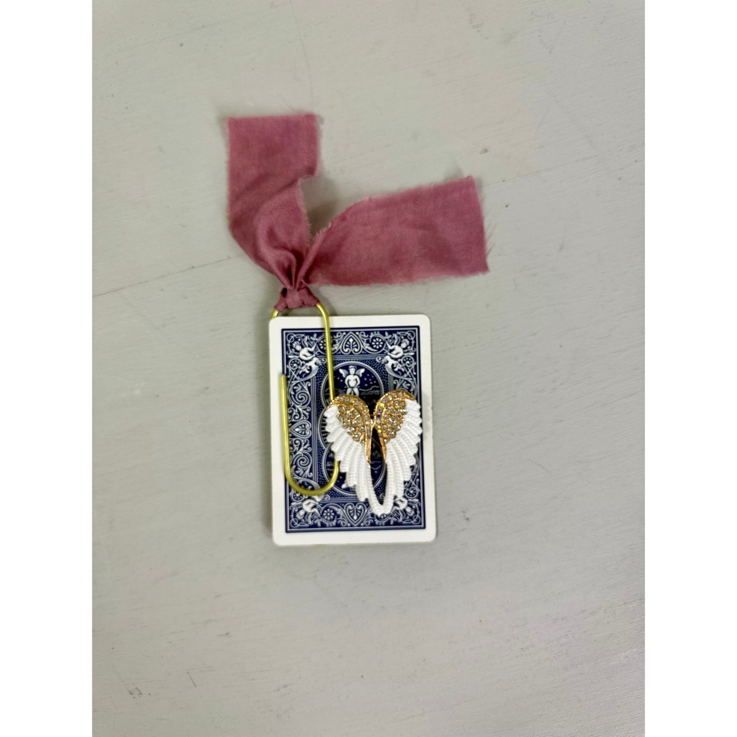 Vintage  Angel Wing Pin and  ribbon playing Card Bookmark set