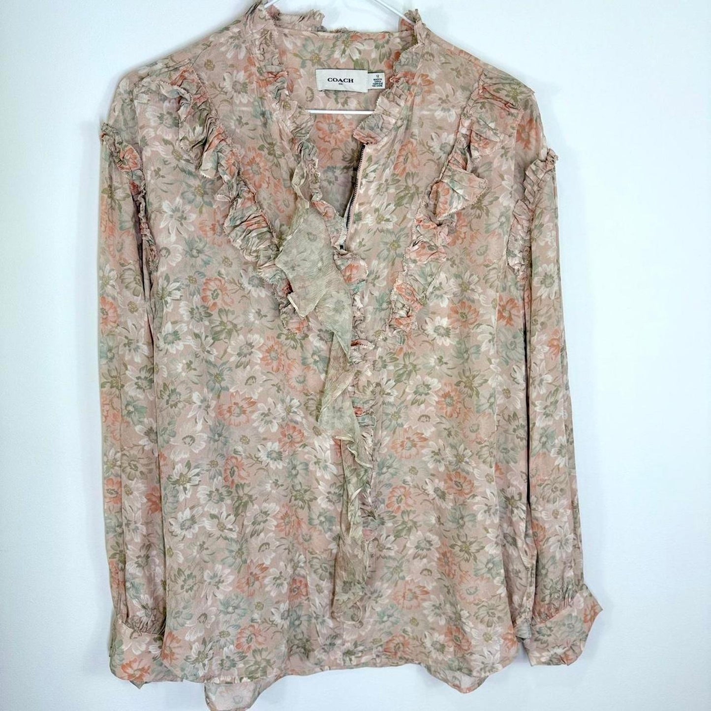 COACH Vintage  neutral pink and white floral silky shirt with ruffle and zip details