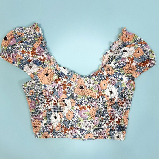 Japna XS Floral Smocked Puff Sleeve Crop Top – Boho Blouse