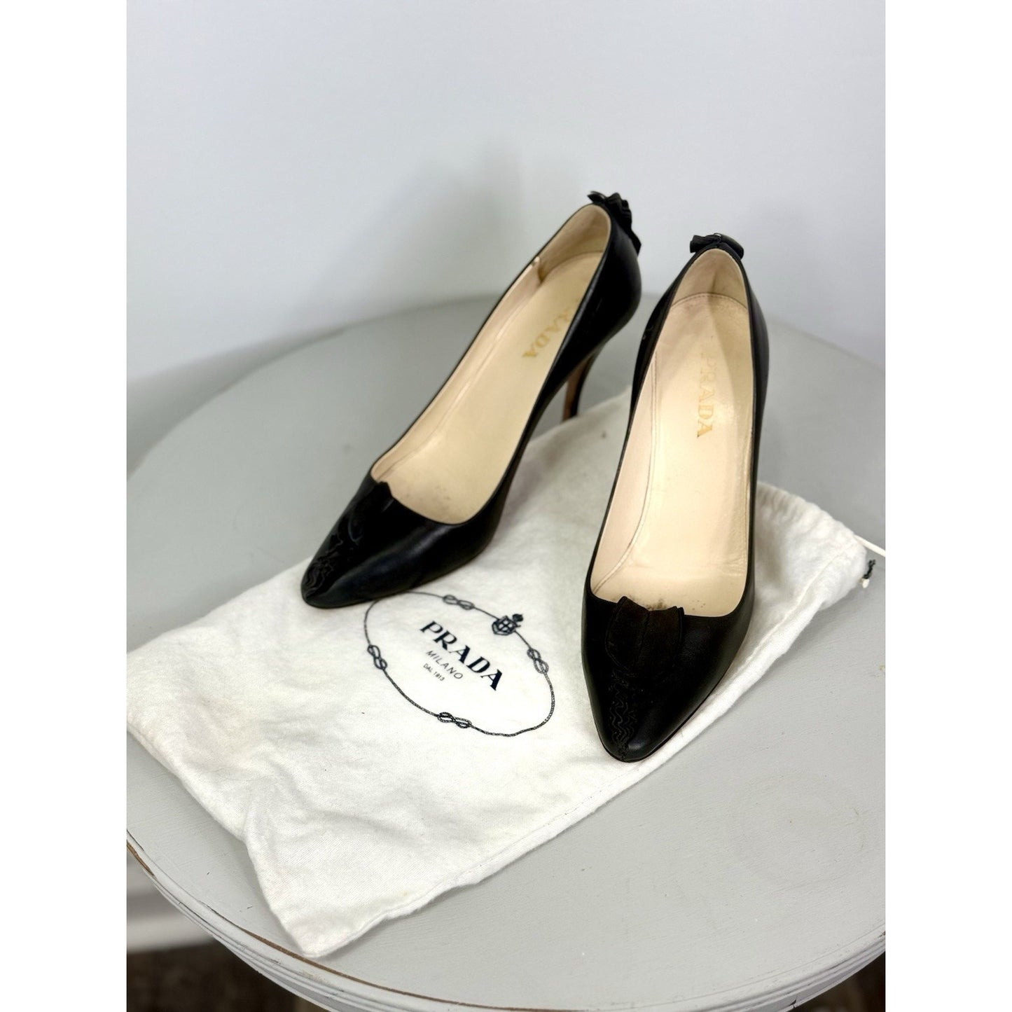 Vintage Prada Leather Black Heels Shoes Pumps Beveled Platform 8ize 7