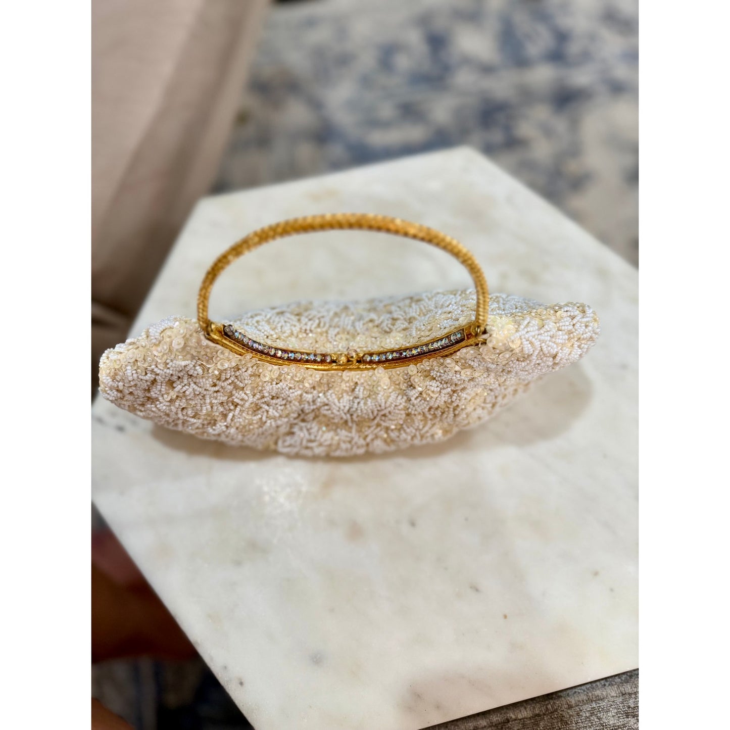 Vintage cream and white beaded and rhinestoned evening bag with gorgeous gold handle