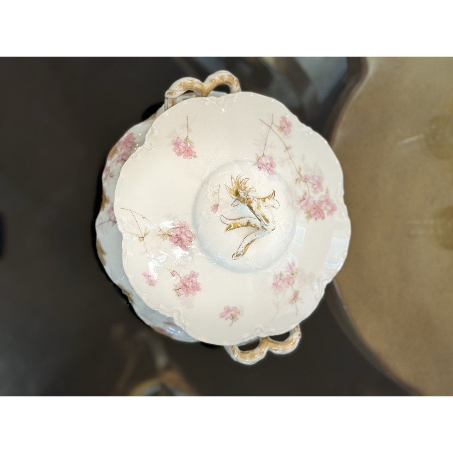 Haviland &Co M&G Limoges pink floral and gold covered bowl