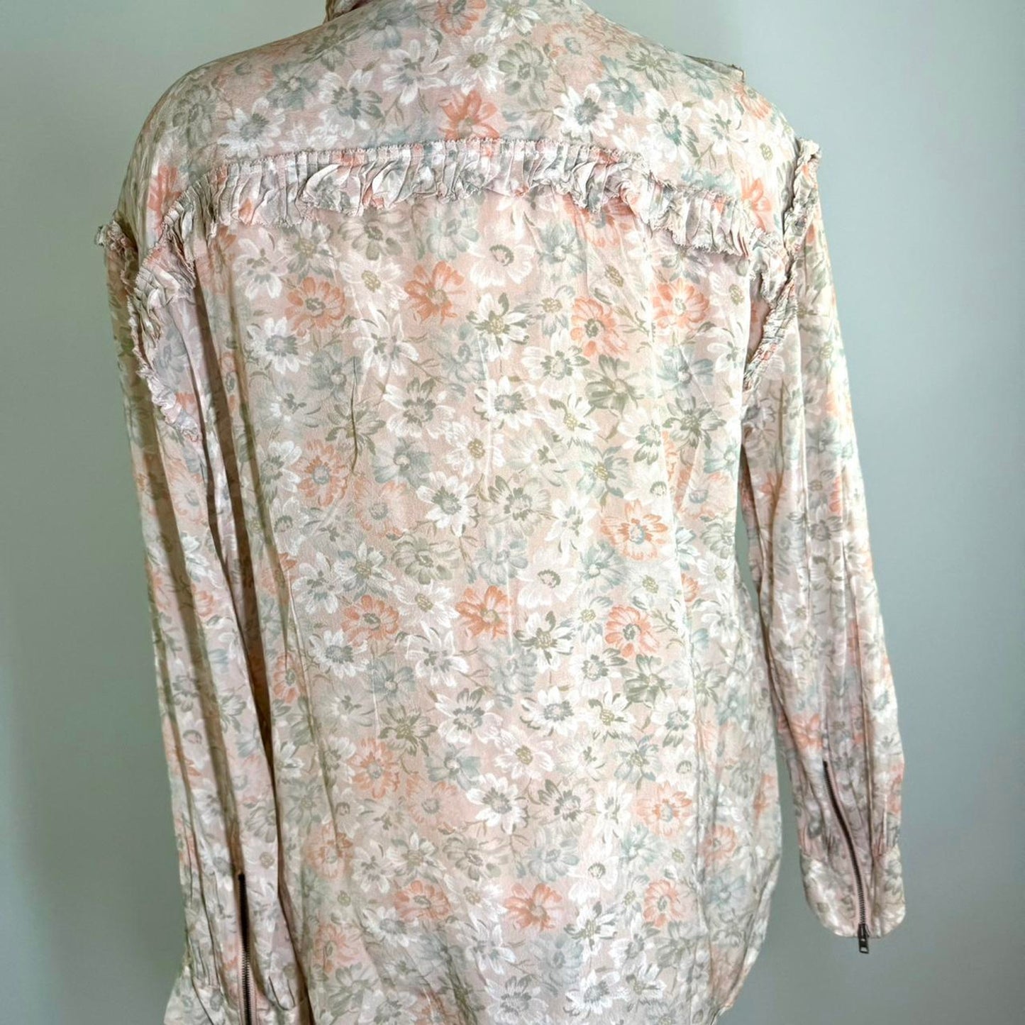 COACH Vintage  neutral pink and white floral silky shirt with ruffle and zip details