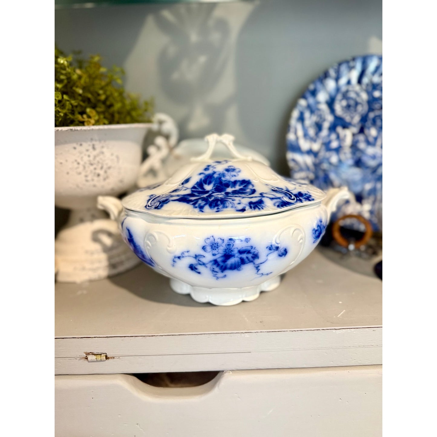 Antique Flow Blue Tureen with Lid