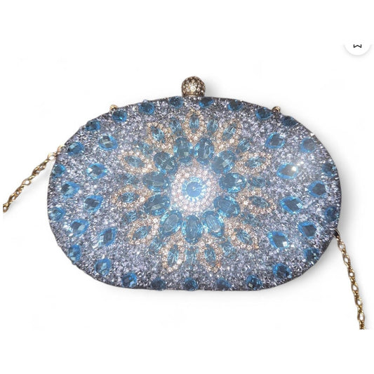 Vintage light blue beaded and rhinestoned evening bag