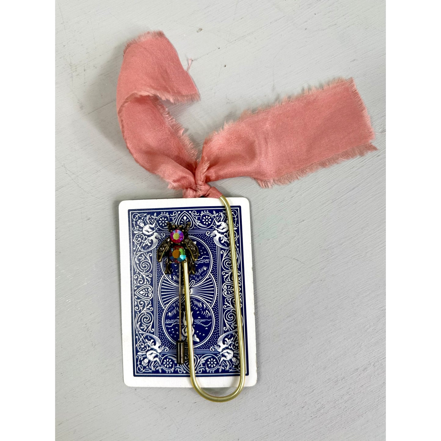 Vintage  Bumble Bee Pin and  ribbon playing Card Bookmark set