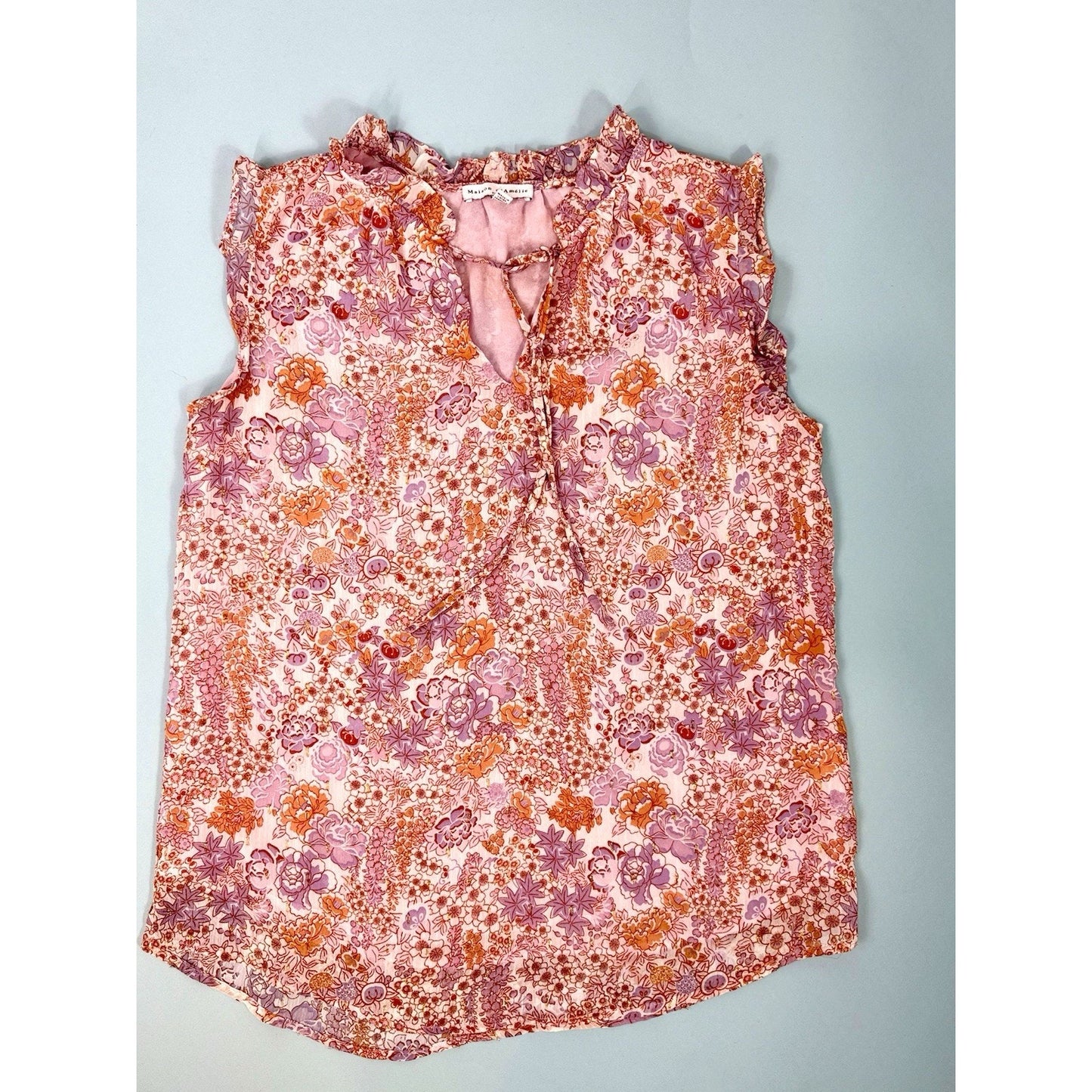 Maison d'Amelie NWT pink & gold Floral Print Blouse with Ruffled Shoulders, M