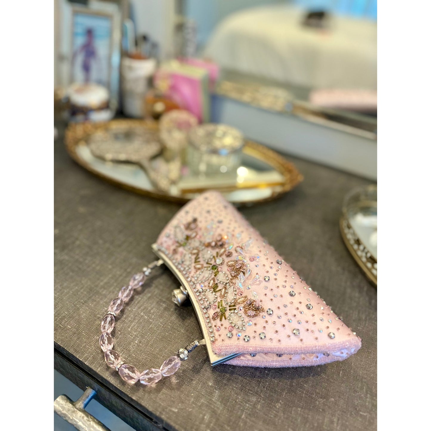 Vintage pink satin beaded and rhinestoned evening bag