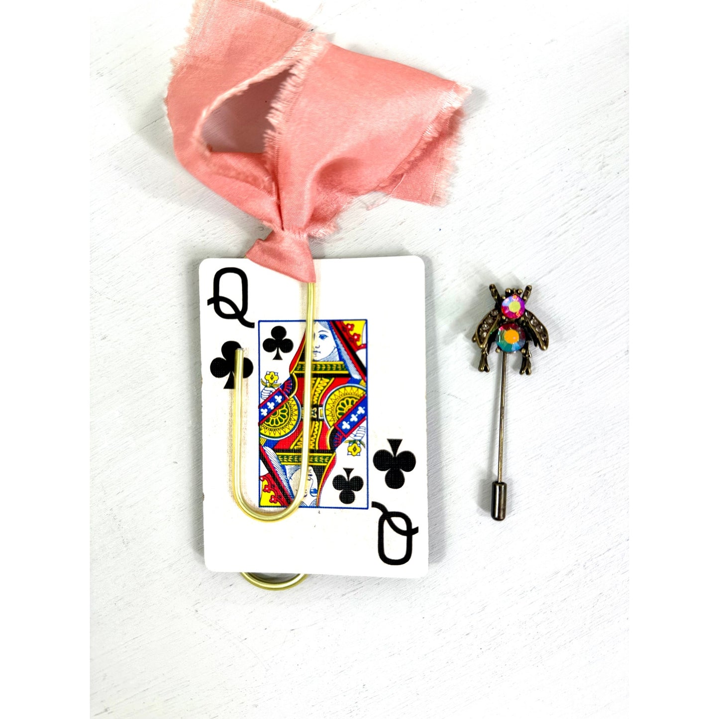 Vintage  Bumble Bee Pin and  ribbon playing Card Bookmark set