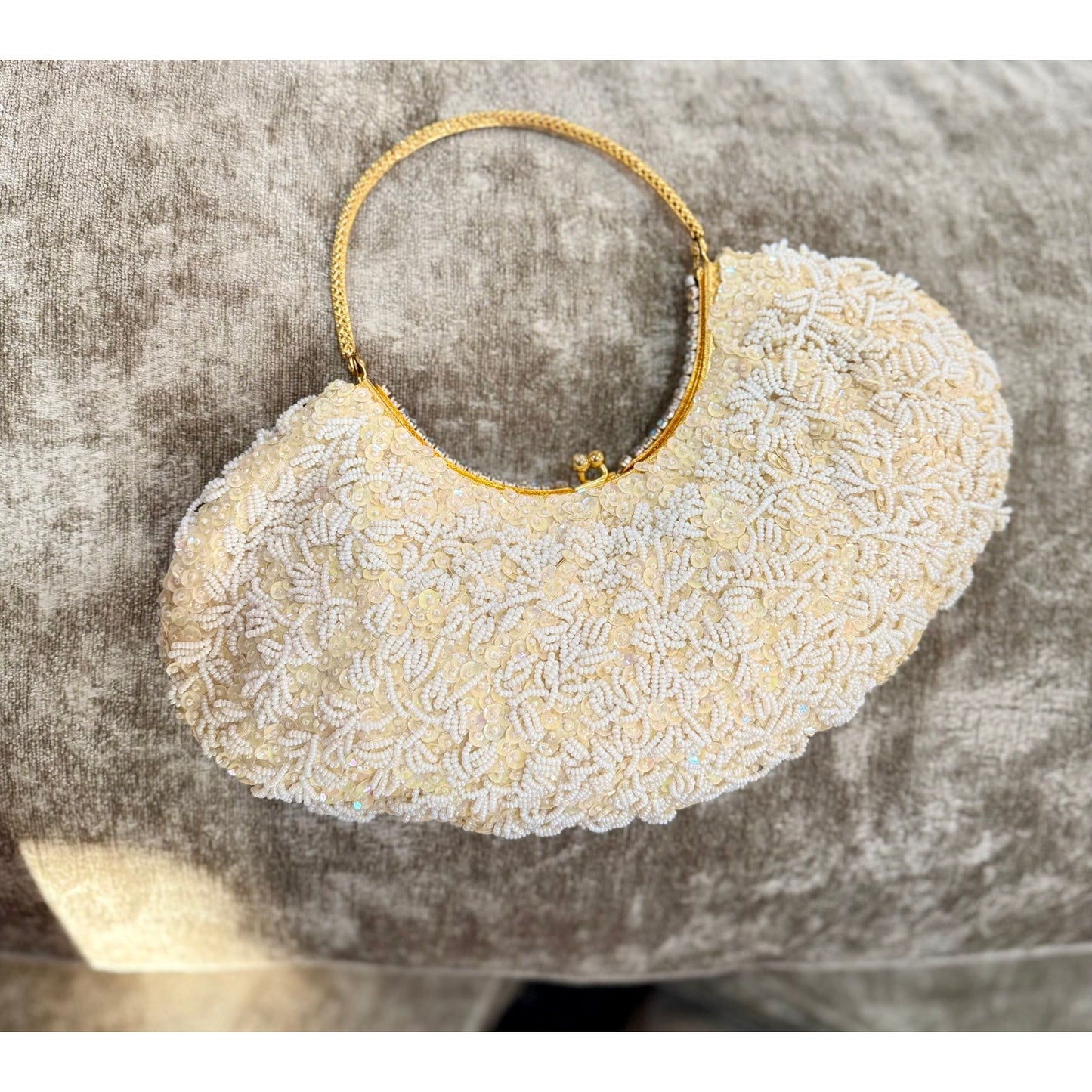 Vintage cream and white beaded and rhinestoned evening bag with gorgeous gold handle