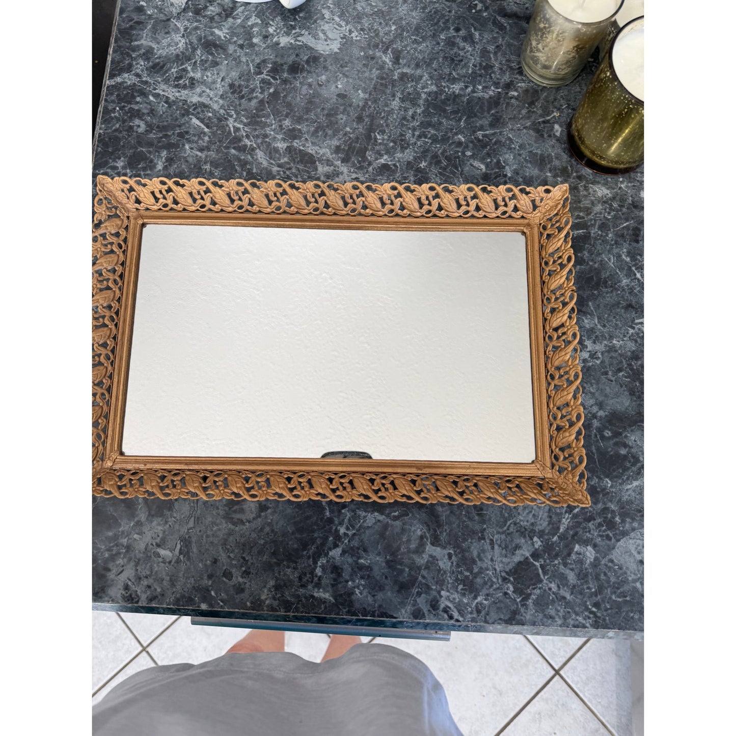 Candle collection on a vintage gold tray, lemon bergamot candle display