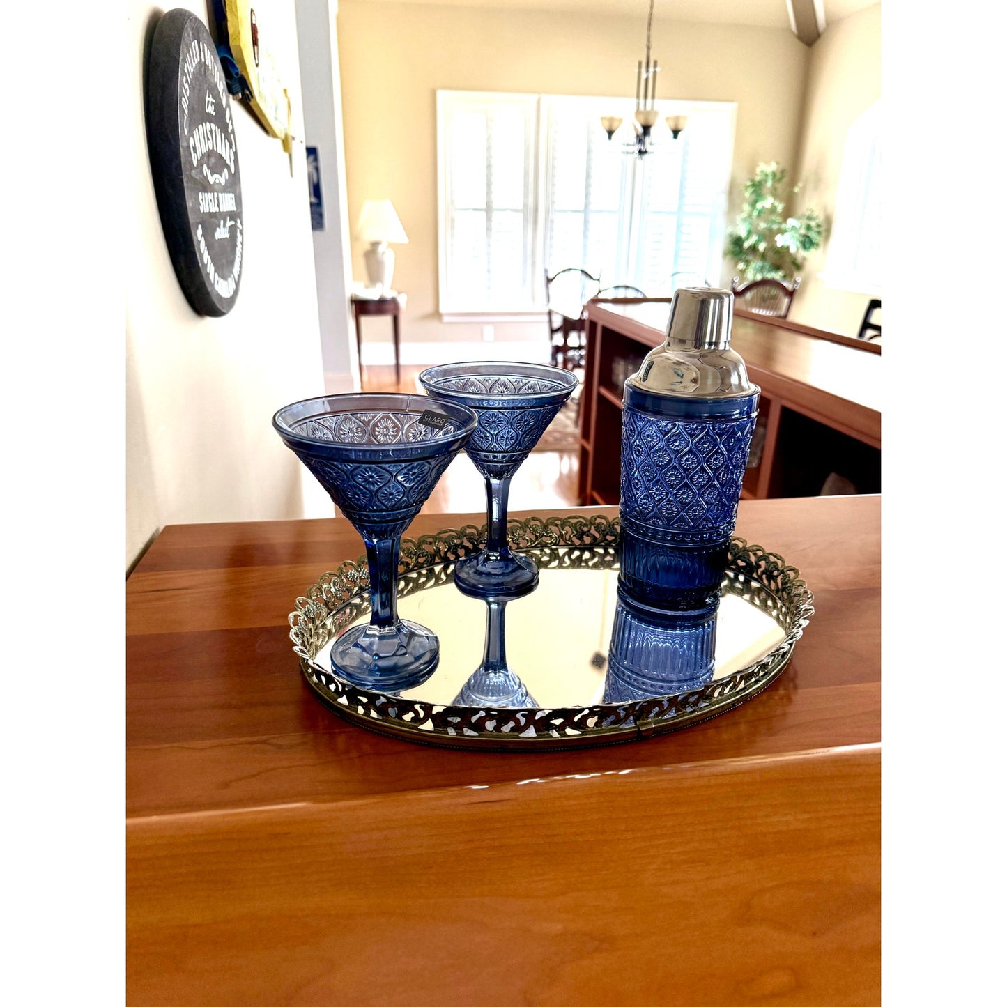 Vintage inspired blue hand made glassware, diswasher safe  with gold mirror tray