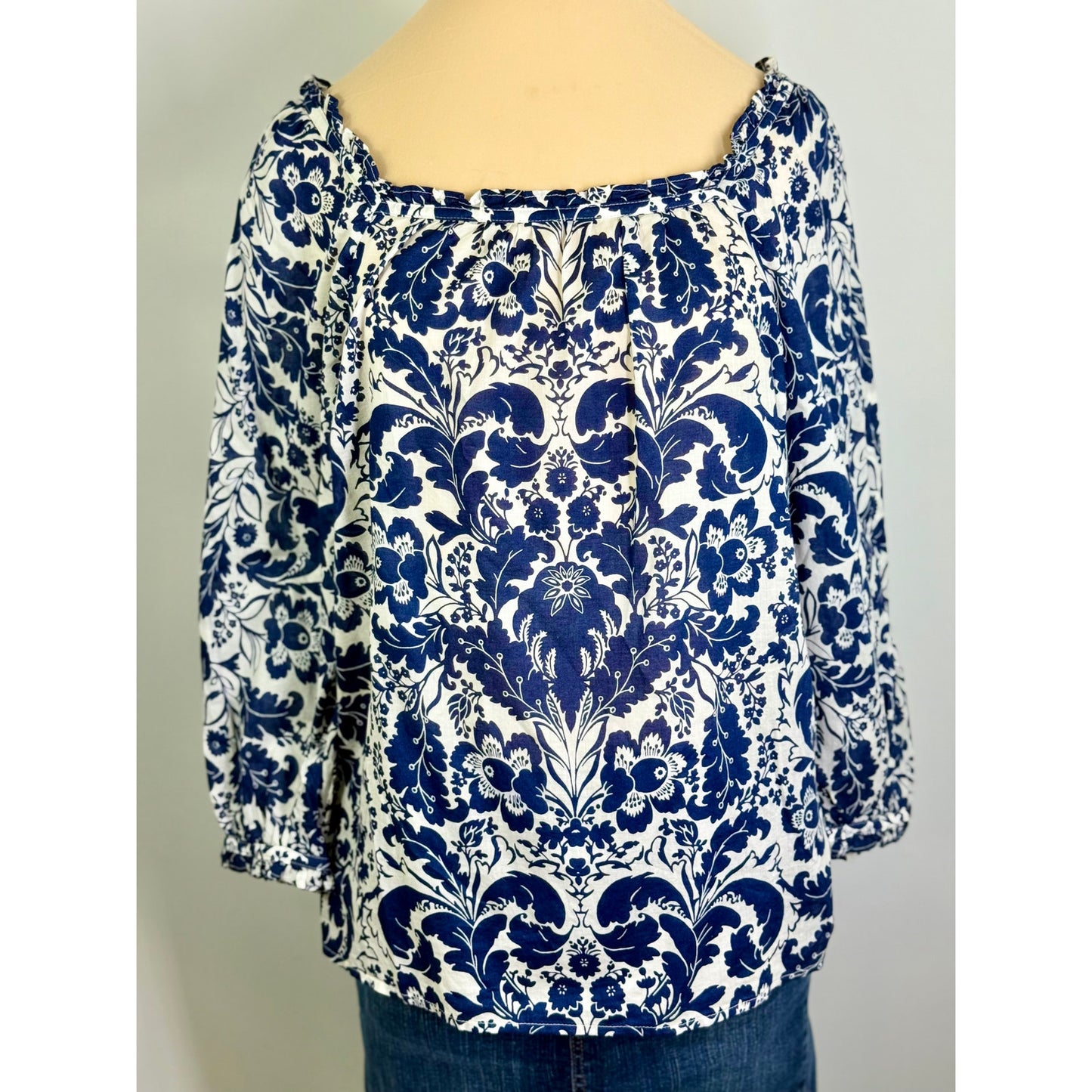 Vintage Talbots women's printed cotton lawn blue damask peasant shirt,  size M