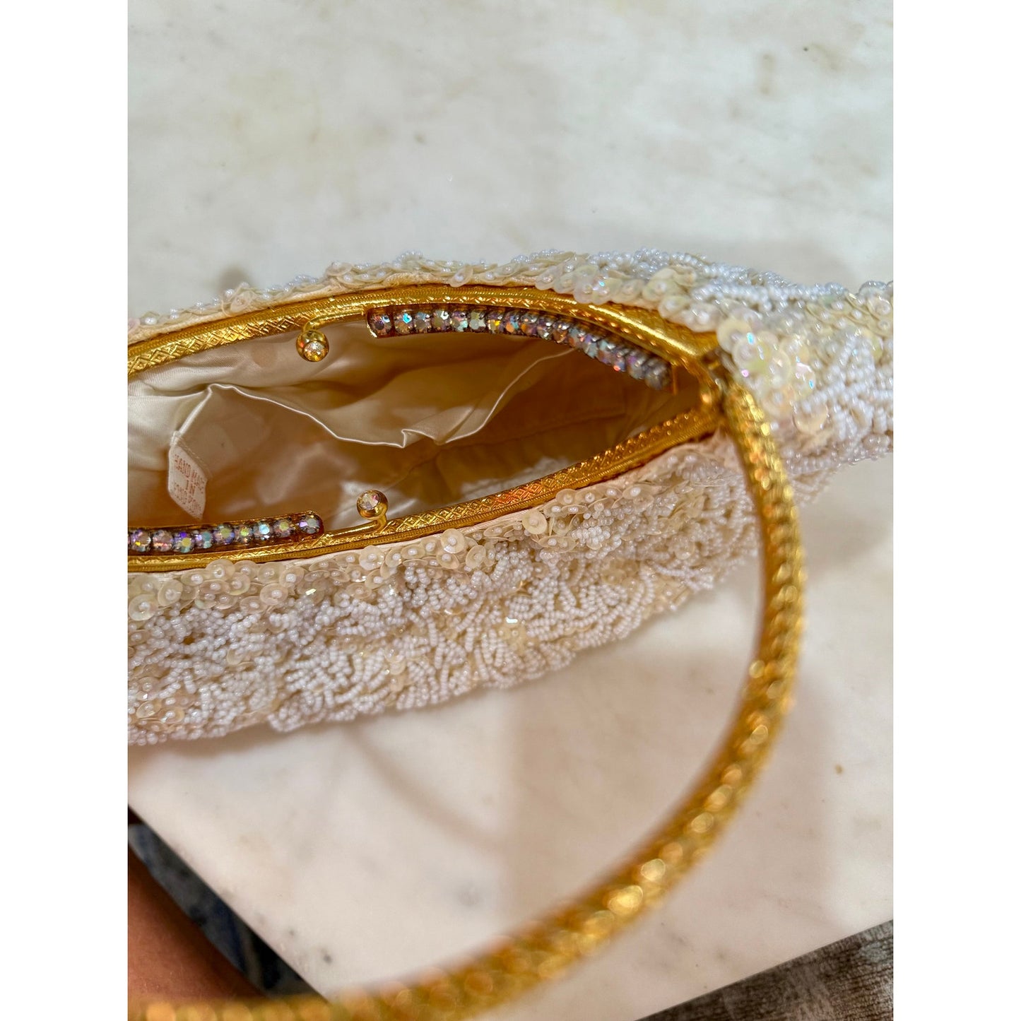 Vintage cream and white beaded and rhinestoned evening bag with gorgeous gold handle