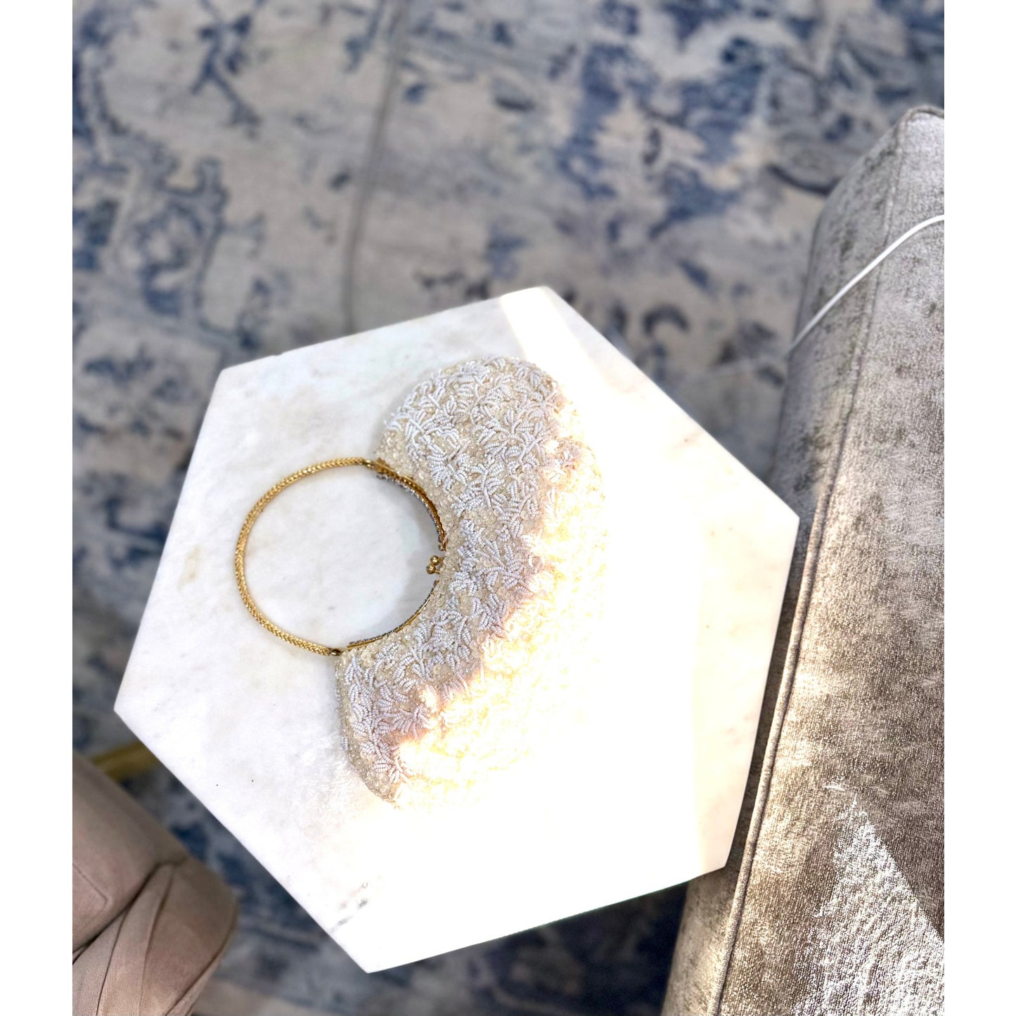 Vintage cream and white beaded and rhinestoned evening bag with gorgeous gold handle