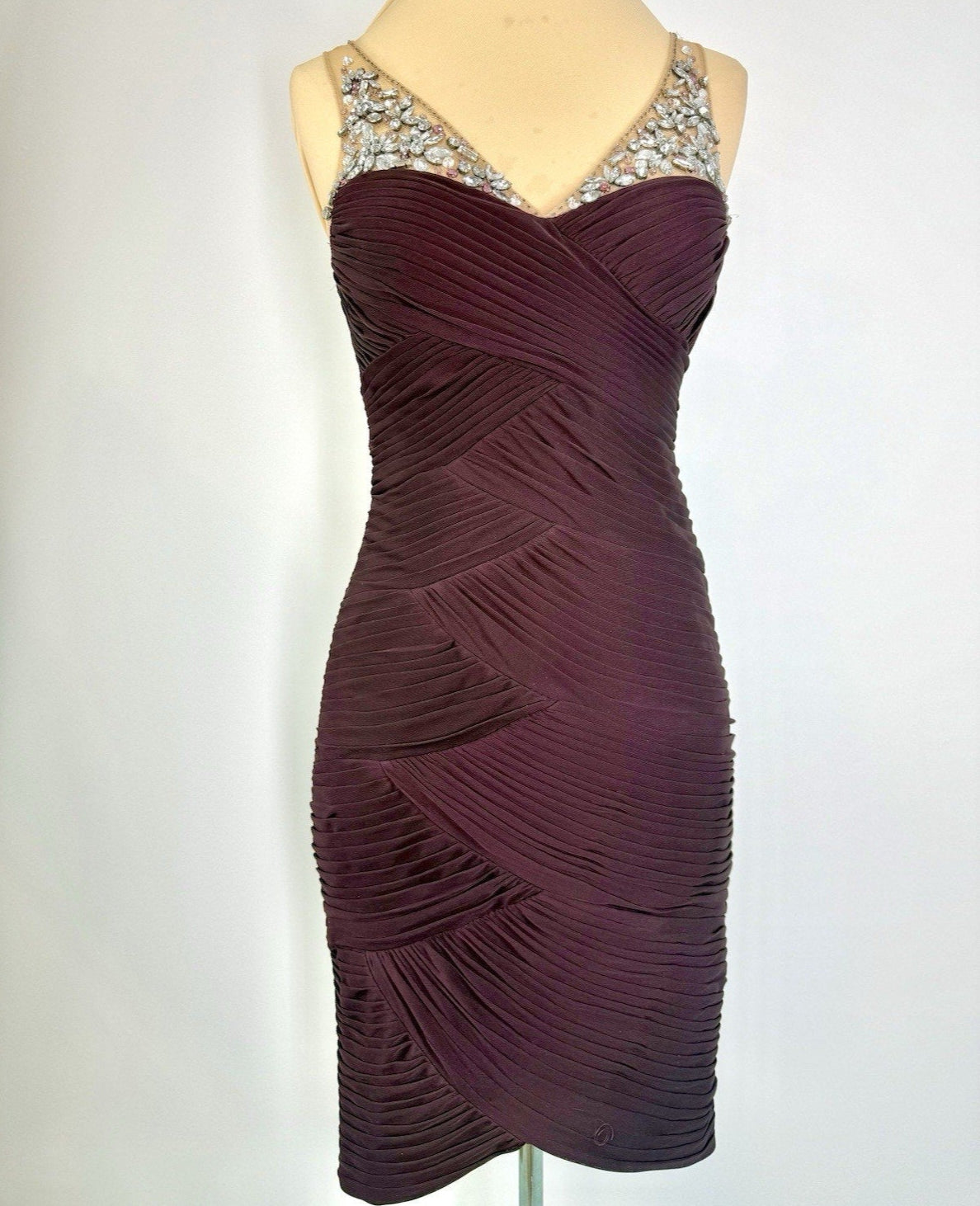 Vintage Adrianna Papell Dress Sz 4 Burgundy Jeweled Illusion Bodice Evening