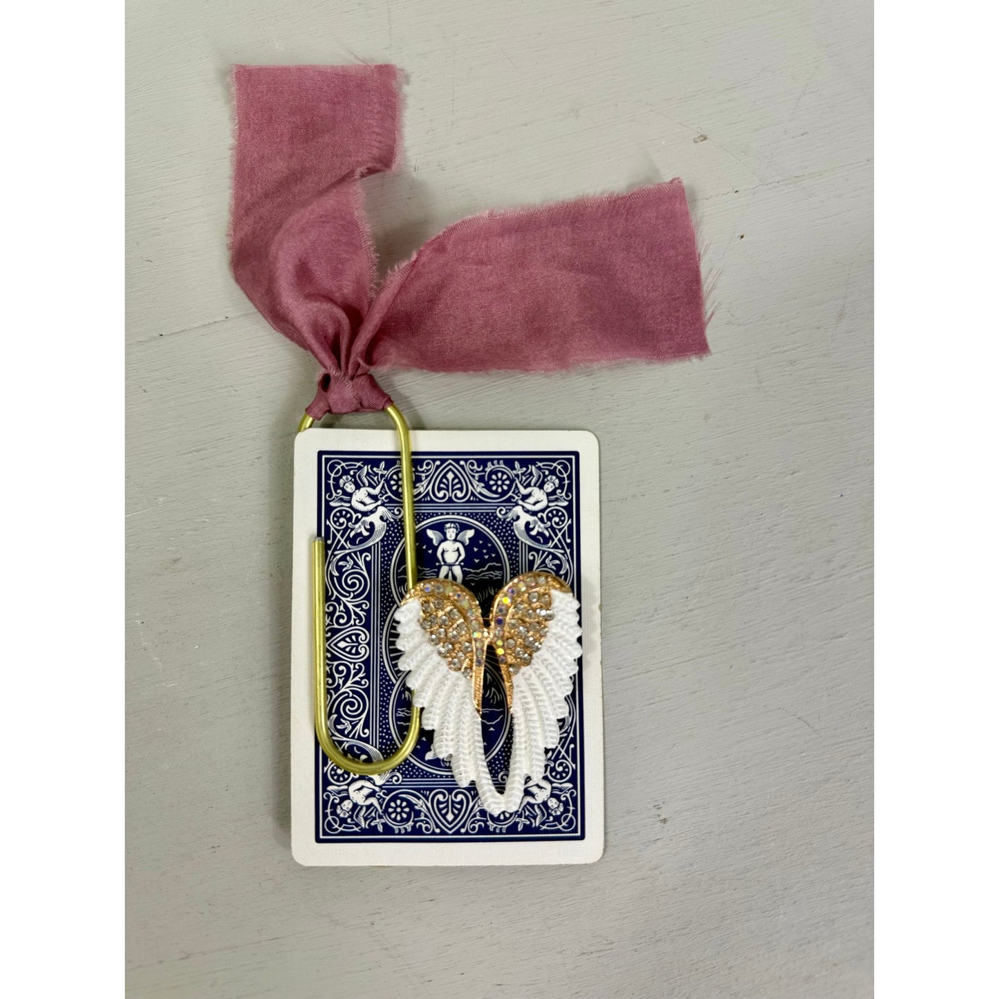 Vintage  Angel Wing Pin and  ribbon playing Card Bookmark set