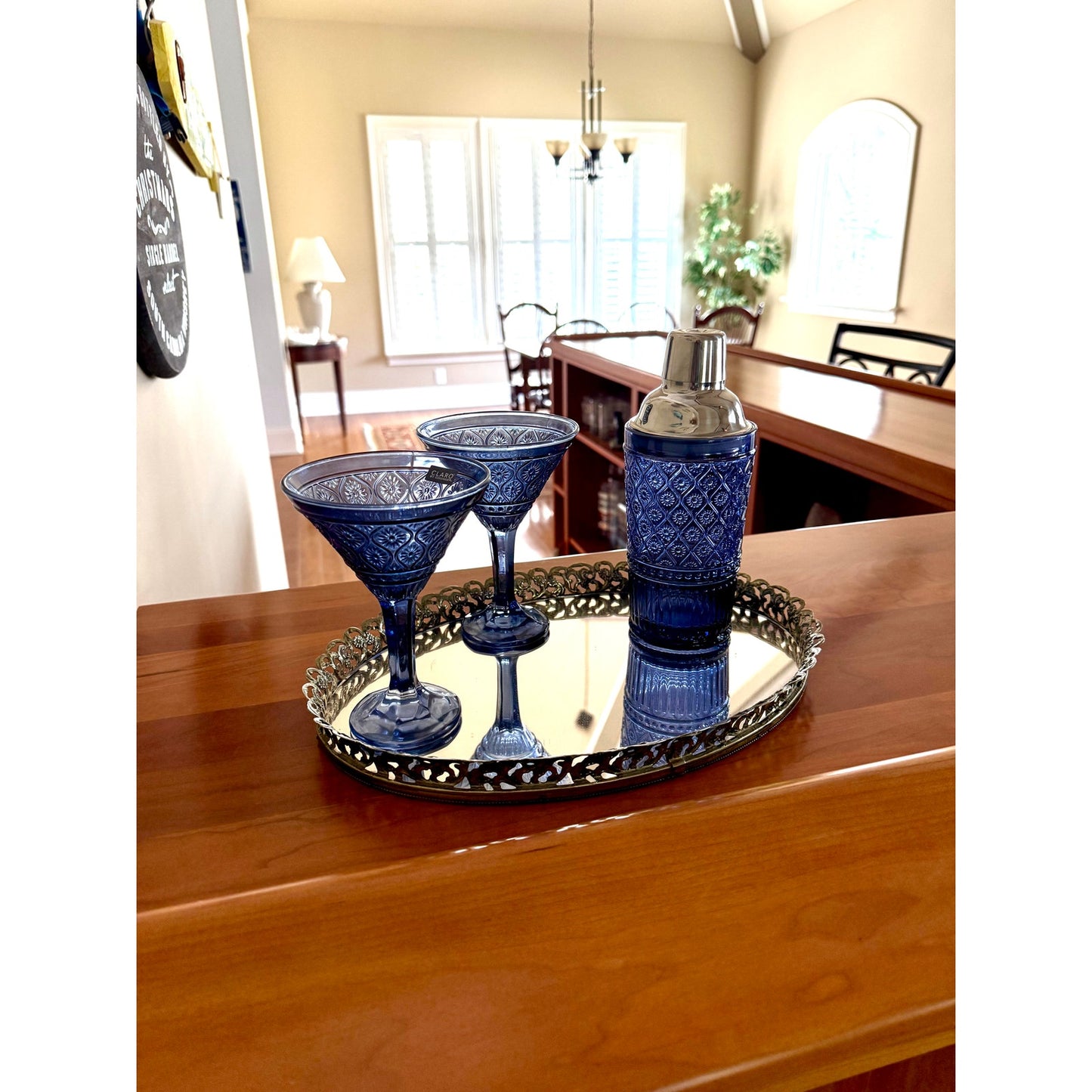 Vintage inspired blue hand made glassware, diswasher safe  with gold mirror tray