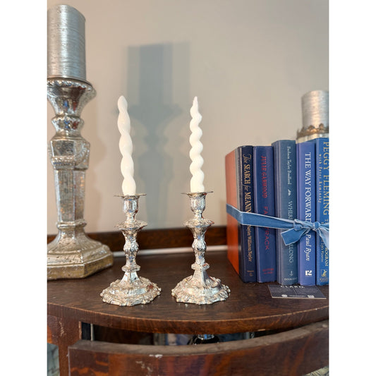 Vintage Silver Candlesticks with gorgeous hand twisted candles as shown  Vintage Decor