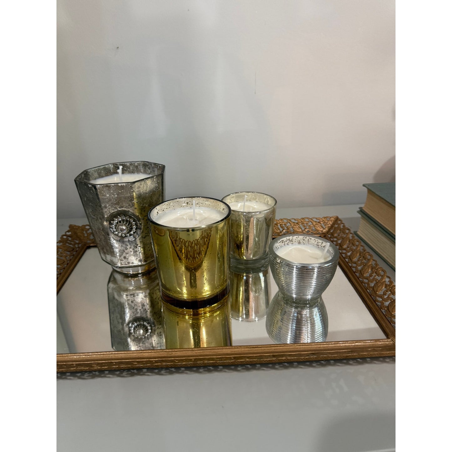Candle collection on a vintage gold tray, lemon bergamot candle display
