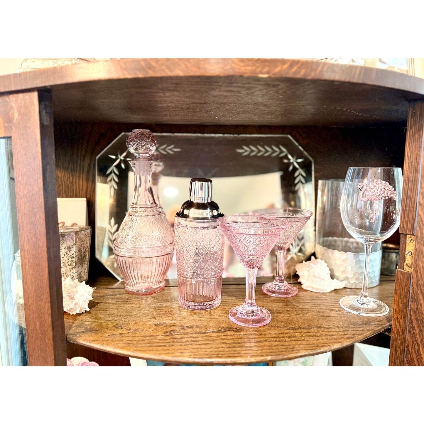 Vintage inspired pink hand made glassware, diswasher safe