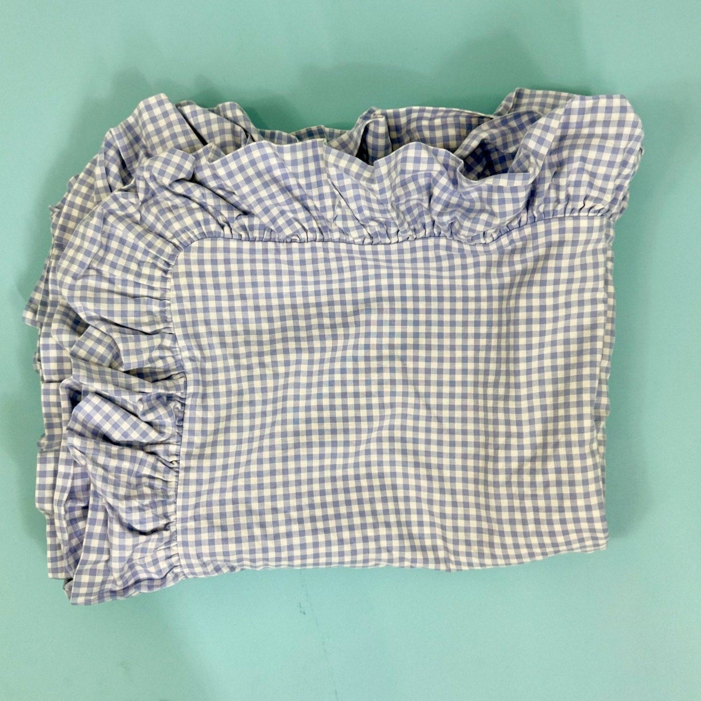 Blue and white gingham standard size pillow sham set with ruffled edges
