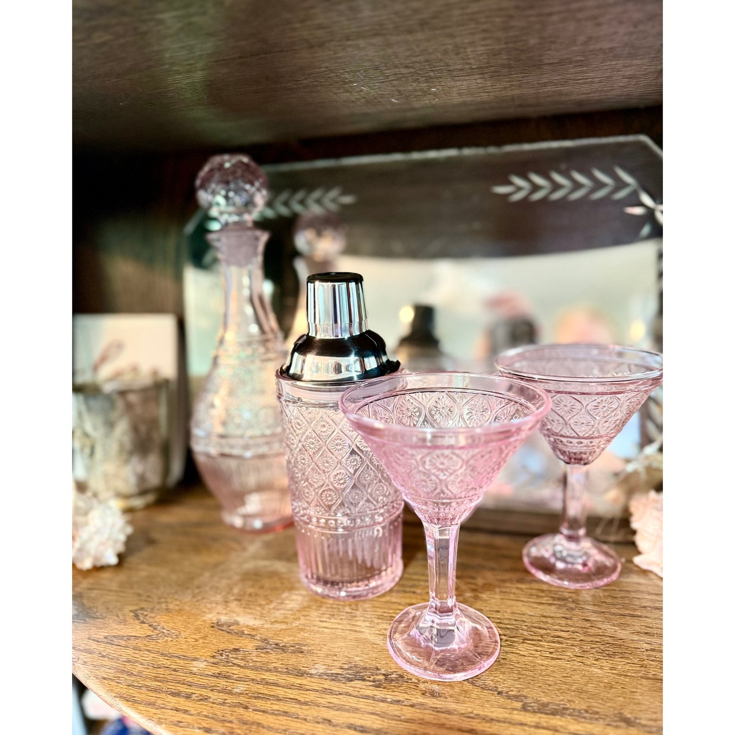 Vintage inspired pink hand made glassware, diswasher safe